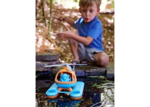 Bright orange Green Toys Sea Copter with pilot bear, designed for eco-friendly water play and made from recycled plastic.