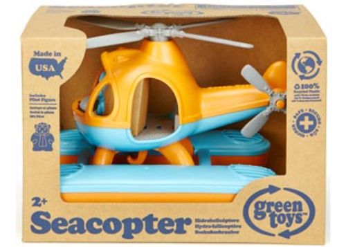 Bright orange Green Toys Sea Copter with large rotors, pilot bear, and stable pontoons for eco-friendly water play adventures.