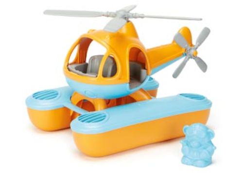 Vibrant orange Green Toys Sea Copter with pilot bear figure, designed for eco-friendly water play, made from recycled materials.