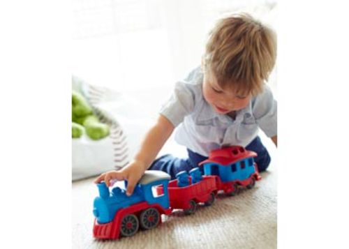 Bright blue Green Toys Train made from recycled plastic, includes two cars and conductor bears for eco-friendly imaginative play.