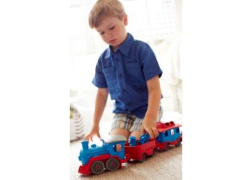 Bright blue eco-friendly train set with linking cars and conductor bear figures, made from 100% recycled plastic for safe play.