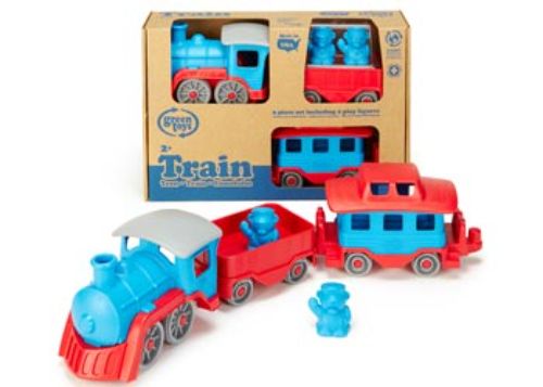 Eco-friendly blue train toy made from recycled plastic, includes two cars and conductor bears for imaginative play.