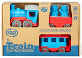 Blue Green Toys Train set, made from 100% recycled plastic, features a steam engine, two cars, and two conductor bear figures for eco-friendly play.