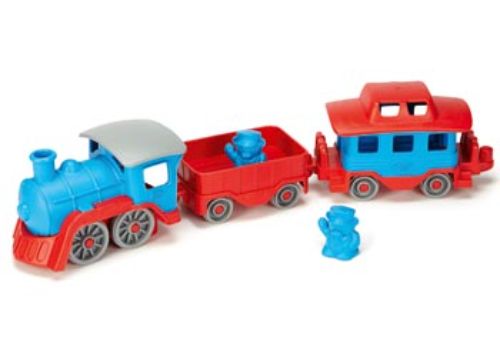 Eco-friendly blue train toy made from recycled plastic, features two cars and two conductor bear figures for imaginative play.