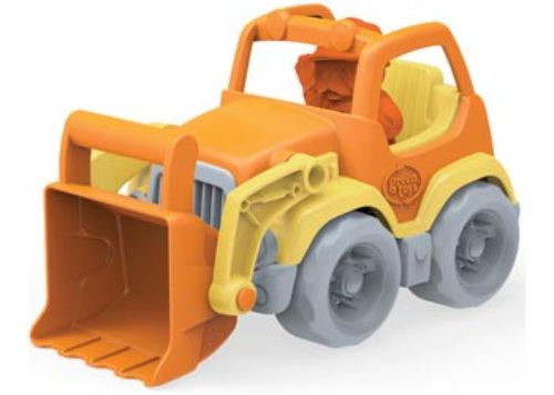 Eco-friendly Green Toys Construction Scooper truck with moveable front loader and cute bulldog figure, perfect for little builders.