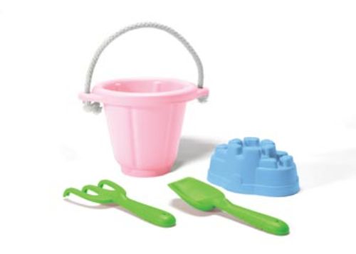 Pink eco-friendly sand play set for kids, made from recycled materials, perfect for creative outdoor adventures.