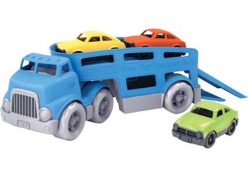 Eco-friendly Green Toys Car Carrier with two ramps, detachable trailer, and three colorful Mini Cars for imaginative play.