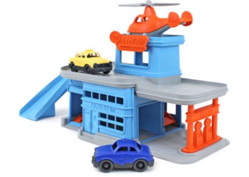 Green Toys Parking Garage with ramps, helipad, two mini cars, and helicopter made from 100% recycled plastic for safe play.