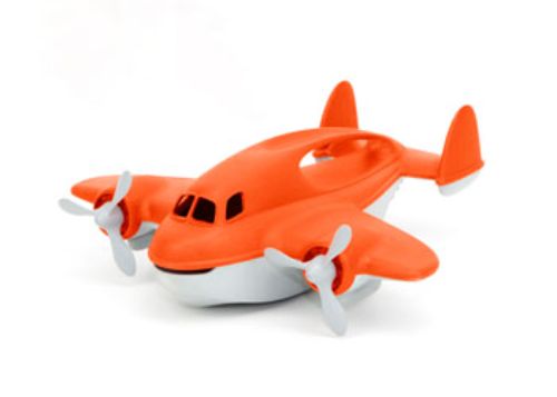 Eco-friendly Green Toys Fire Plane with spinning propellers, scoop opening, and 6 sprinkler spouts for bath time fun.