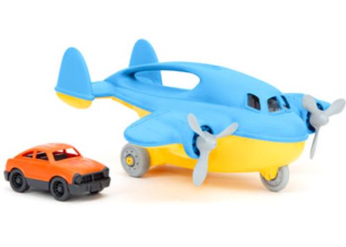 Bright yellow and blue cargo plane toy with ramp, featuring a mini car, made from 100% recycled plastic, safe for kids.