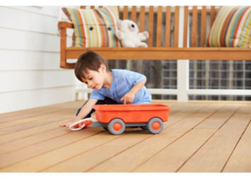 Eco-friendly Green Toys Wagon for kids, made from recycled plastic, featuring sturdy construction and a tucking cotton rope handle.