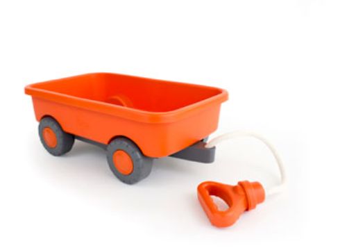 Eco-friendly Green Toys Wagon made from recycled plastic, featuring a cotton rope handle and chunky tires for kids' safe play.