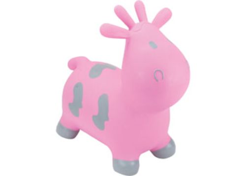 Inflatable pink cow toy for toddlers, designed for safe bouncing with grips for little hands and easy inflation.