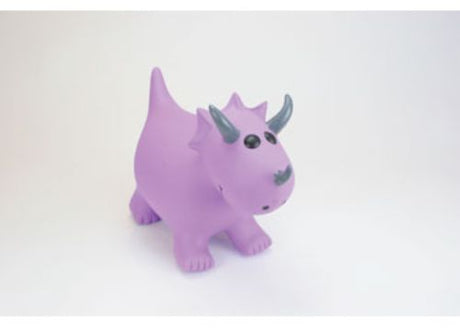 Vibrant purple inflatable Triceratops for kids, designed for fun bouncing, balance, and exercise, includes hand pump.