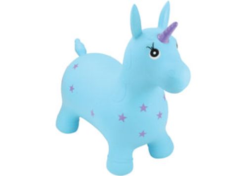 Alt text: Inflatable turquoise unicorn bounce toy for toddlers, featuring easy-grip ears and stable feet for safe play.