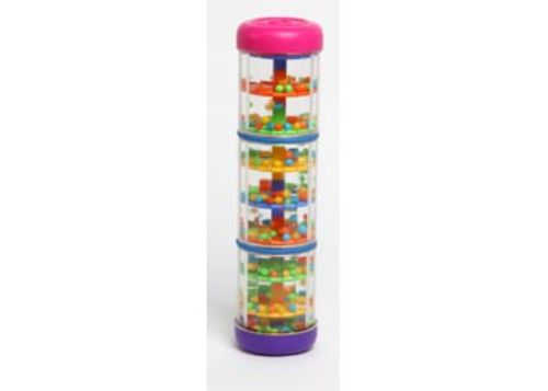 Colorful Halilit Mini Rainmaker toy for toddlers, producing soothing 'rain' sounds with cascading beads, promotes sensory play.