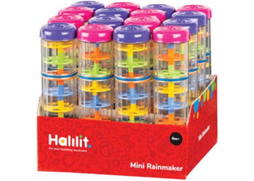 Colorful Halilit Mini Rainmaker CDU16 for babies, produces soothing rain sounds & promotes sensory play and fine motor skills.