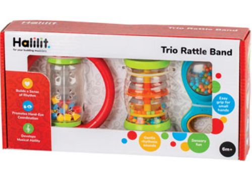 Colorful Halilit Trio Rattle Band featuring textured baby rattles for sound, movement, and sensory play. Safe and engaging for infants.