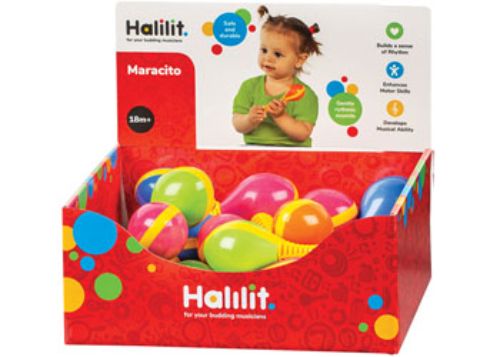 Colorful Halilit Maracito CDU24 maracas for children, promoting rhythm and sensory play with pleasing sounds in a durable design.