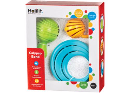 Colorful Halilit Calypso Band with maracas, bell, and tambourine, perfect for toddlers' musical exploration and fun.