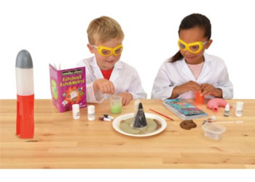 Colorful science kit for kids aged 10+, featuring rocket launch, volcano eruption, and slime-making experiments.