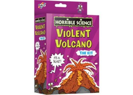 Explosive science kit for kids featuring a plastic volcano model, ingredients for eruptions, and educational materials.