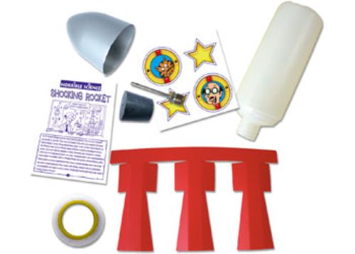 A child builds a water-fueled rocket kit for hands-on STEM learning, featuring colorful components and engaging rocket facts.