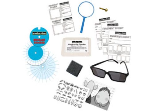 Horrible Science - Sneaky Spies kit featuring fingerprint tools, spyglass, and fun activities for young detectives and secret agents.