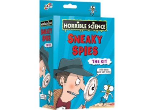 Horrible Science - Sneaky Spies kit featuring fingerprint tools, spy glasses, and activities for young detectives and secret agents.