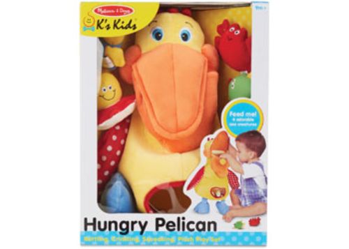 Cuddly plush pelican toy with squeaky bill, features mini animals, and a peek-in window for engaging playtime fun.