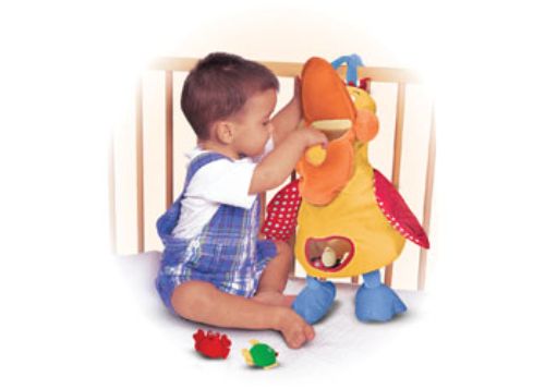 Cuddly pelican toy with squeaky bill, mini plush animals, and peek-in window for endless fun and motor skill development.