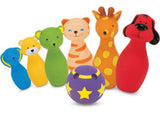 Colorful, soft bowling set for toddlers featuring six character pins with cheerful faces, enhancing fine motor skills and interactive play.