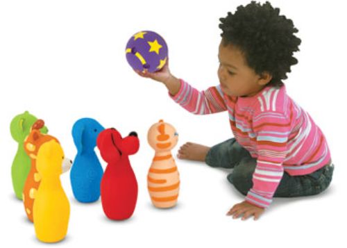 Colorful, character-themed bowling pins for toddlers, designed to enhance motor skills and promote interactive play.