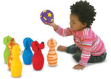 Colorful, character-themed bowling pins for toddlers, designed to enhance motor skills and promote interactive play.