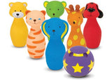 Colorful toddler bowling set featuring six character pins with cheerful designs, promoting fine motor skills and interactive play.