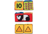 Soft, colorful blocks for toddlers, featuring fun artwork to encourage matching, stacking, and imaginative play.