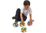 Soft pull-back vehicles for toddlers, promoting fine motor skills and imaginative play with colorful designs and washable fabric.