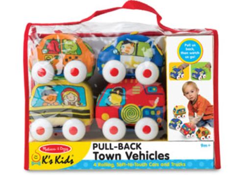 Soft pull-back vehicles in bright colors stimulate toddlers' creativity and fine motor skills through engaging play.