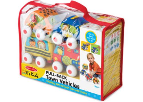 Brightly colored soft pull-back vehicles designed for toddlers, enhancing fine motor skills and imaginative play.