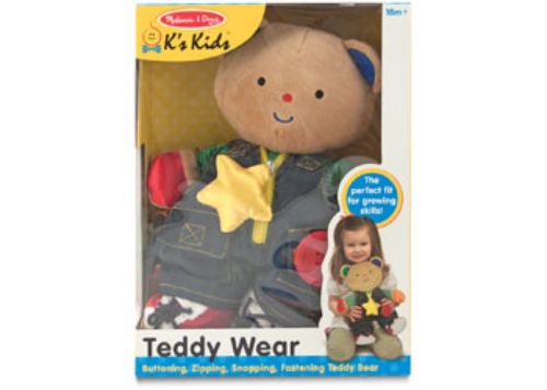 Plush bear Teddy Wear with removable outfit, features buttons, zippers, and laces for hands-on learning and skill development.