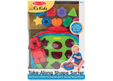 Colorful portable shape sorter with nine blocks, crinkly flaps, and a plush dog, designed for sensory play and learning.