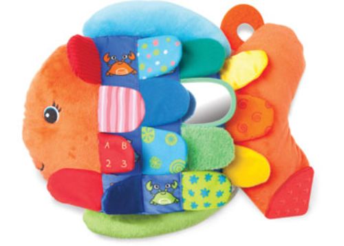 Colorful soft fish toy with crinkly, squeaky textures for sensory exploration, ideal for babies and toddlers' development.