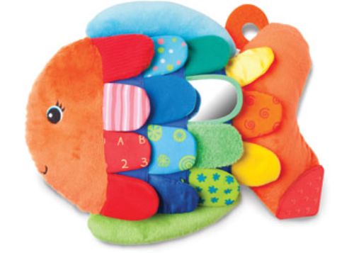 Vibrant, multi-textured soft fish toy with crinkly and squeaky features, designed for sensory exploration in infants and toddlers.