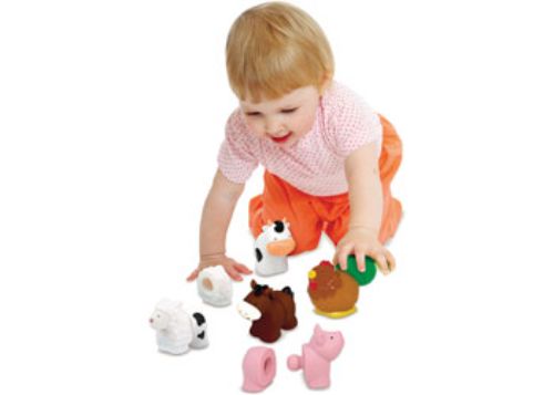 Brightly colored Pop Blocs Farm Animals set with 10 linkable pieces, fostering fine motor skills and imaginative play for young children.