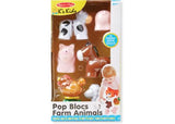 Colorful Pop Blocs Farm Animals set featuring ten linkable blocks to create a horse, cow, sheep, pig, and hen for imaginative play.