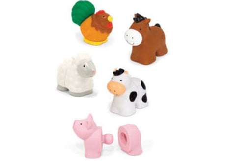 Vibrant toy set of ten linkable blocks to create five farm animals, fostering fine motor skills and imaginative play for infants.