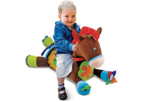 Soft plush pony toy for babies with rattles, teethers, and sounds to promote sensory and motor skill development.