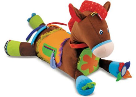 Soft plush pony toy for babies with rattles, teethers, sounds, and vibrant textures, promoting sensory development and active play.