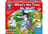 A colorful board game for kids to learn time-telling with woodland animals, a clock, and a playful wolf.