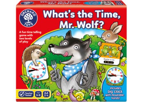 A colorful board game for kids to learn time-telling with woodland animals, a clock, and a playful wolf.